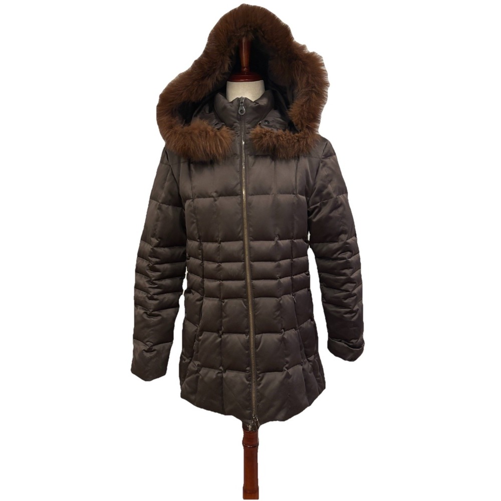 Searle Goose Down Puffer Coat Brown Women's 8 Fur Trim Hood Winter